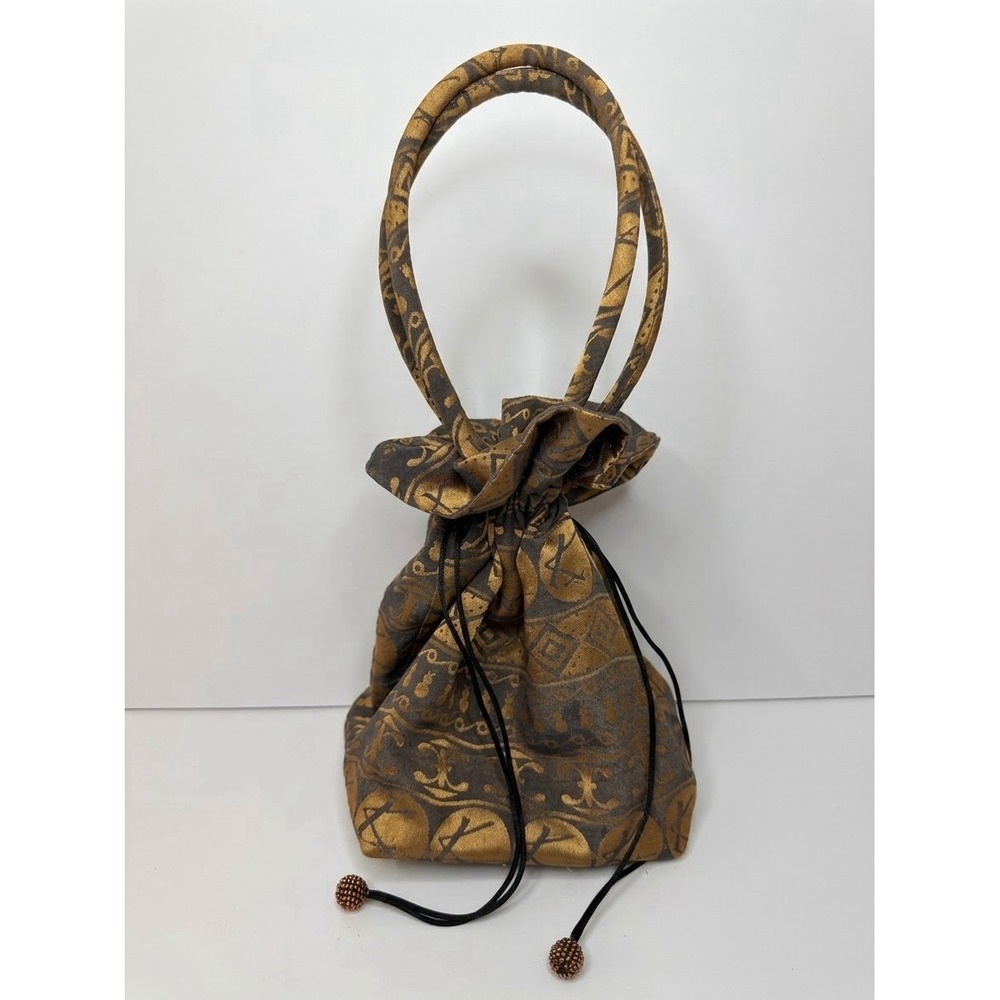 Vintage Gold Bronze Metallic Drawstring Pouch Handbag Geometric Evening Purse
